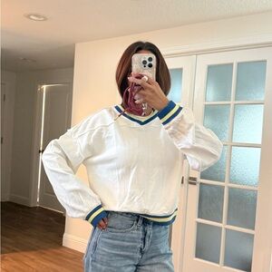 Free People White V-Neck Sweater with Blue and Yellow Accents